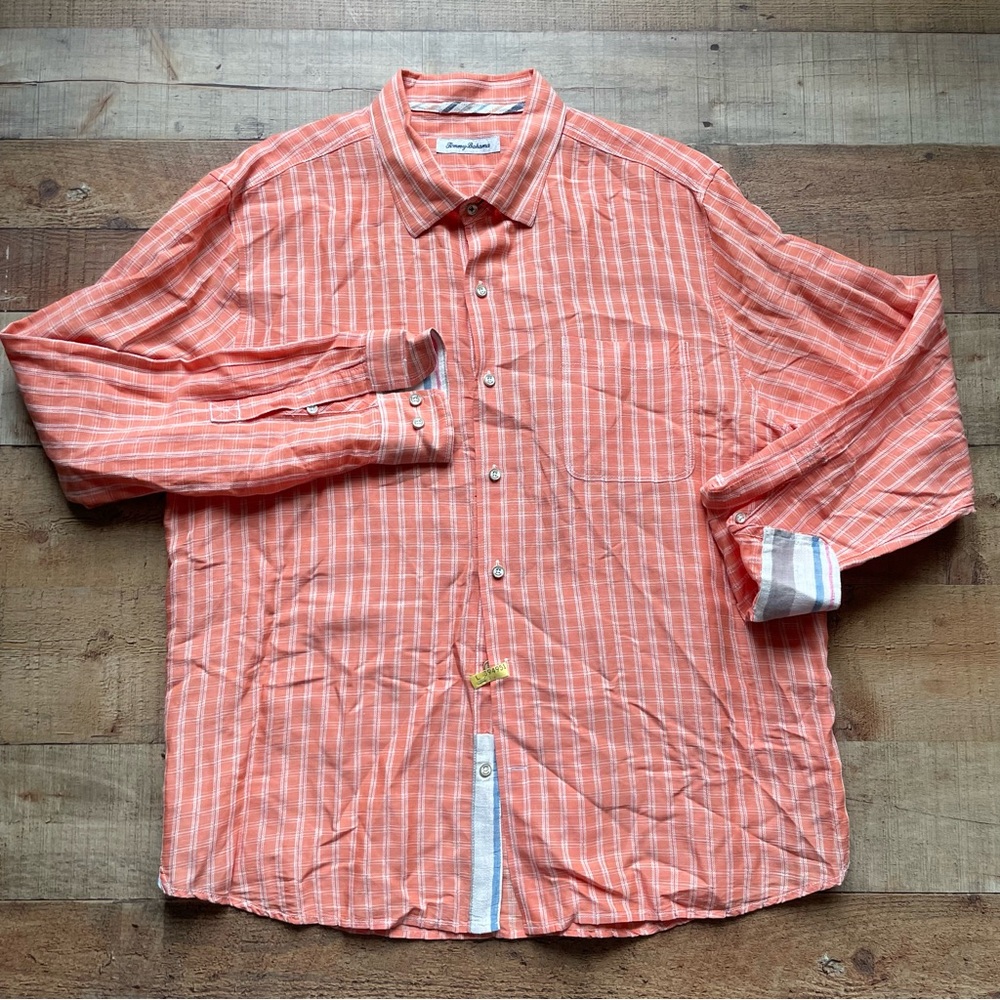 Tommy Bahama Linen Blend Casual Button Down Shirt Mens X-LARGE Orange White Knit